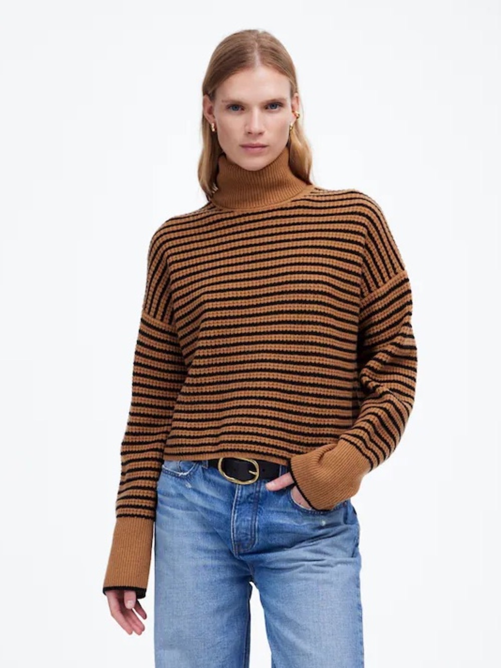 New! Madewell Camel and Black Striped Turtleneck Sweater 100% Merino Wool Sz S